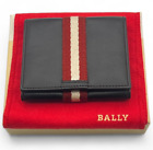 Bally Black Leather Coin Case Wallet Purse Signature Tricolor Stripes w/ Box