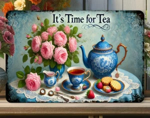 Rustic Tea Time Antique Victorian Parlor Wall Decor GardenSpring Metal Sign - Picture 1 of 3