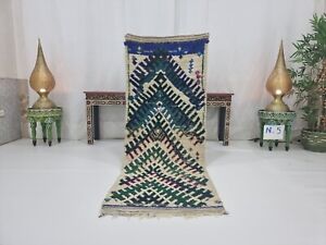 Moroccan Handmade Vintage Rug 2'4"x6'3" Berber Geometric Blue Wool Tribal Carpet
