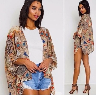 Cárdigan Umgee Para Mujer Tribal Estampado Boho Kimono Talla S/M, Mangas Pompón Artístico Foto 1 de 4