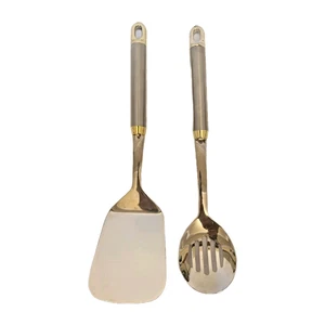 New Berglander Silver/Gold 18/10 Stainless 2 pc Serving Slotted Spoon & Spatula - Picture 1 of 4