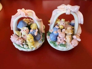 Lot of 2 Vintage Adorable Ceramic Porcelain Momma Pig w/Basket of Piglets - Picture 1 of 13