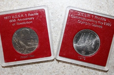 2 Coins Russia Rouble 1977 October Revolution 60th Anniv + 1980 Summer Olympics - Image 1 of 4