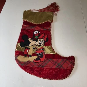 Velvet Disney Store Stocking Mickey Minnie Mistletoe Embroidered Red Gold Tassel - Picture 1 of 6