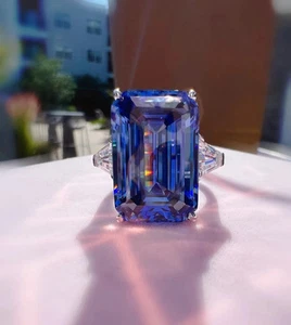 13.00 Ct Emerald Cut Natural Blue Sapphire Diamond Ring 18K White Gold Size 7 8 - Picture 1 of 5