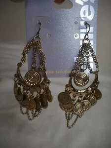 NWT Vintage Estate Costume dangle Earrings gold morroccan ethnic vibe 3.5" long - Picture 1 of 3