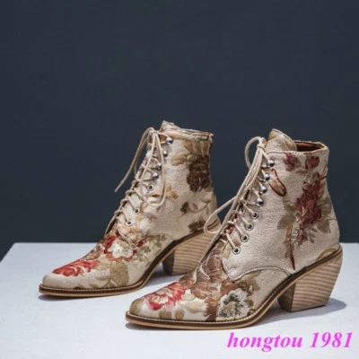 Botas al tobillo de cuero satinado con cordones florales bordadas occidentales cubanas para mujer zapatos Foto 1 de 4