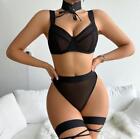 2024 New Fashion Lady All Black Mesh Sexy Lingerie Sleepwear 4Pcs Set Necklace