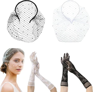 2 Stück Vintage Fascinator Hut mit Spitze Handschuhe, Netzschleier Stirnband, Vi - Bild 1 von 7