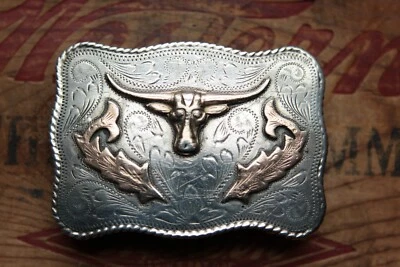 Vintage Sterling Silver 10K Gold Hand Made Longhorn Bull Western Belt Buckle - Image 1 of 3