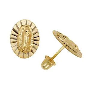 14K Solid Gold 7x10mm Oval Jesus Religious Screw Back Stud Earrings - Picture 1 of 1