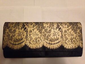 Black Fabric With Gold Lace Clutch Evening Bag Measures 10.25” x 5” x .5” NEW
