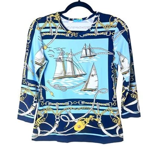J. McLaughlin Signature Tee 3/4 Sleeves Catalina Cloth Nautical Ships Blue Sz S - Picture 1 of 7