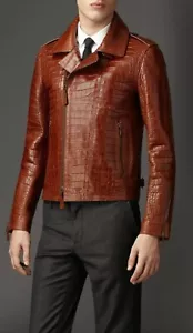 Men Brown genuine Lambskin Alligator crocodile Pattern leather Jacket - Picture 1 of 4