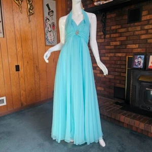 Vintage 60s Powder Blue Chiffon Evening Halter Dress Formal Ball Prom Gown S/M - Picture 1 of 9