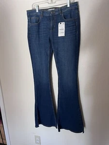 Zara Basic Dark Denim High Rise Flared Jeans Blue Size 10 New - Picture 1 of 7