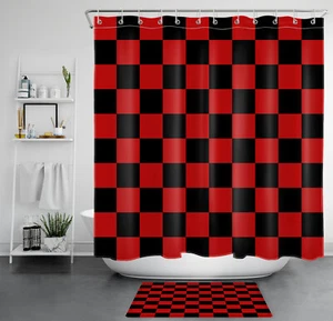 Abstract Checkers Black and Red Checkered Shower Curtain Set for Bathroom Decor - Picture 1 of 23