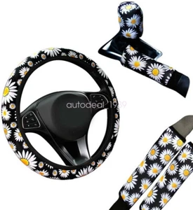 5pcs Daisies Pattern Car Steering Wheel Seat Belt Handbreak Shift Gear Cover Kit - Picture 1 of 5
