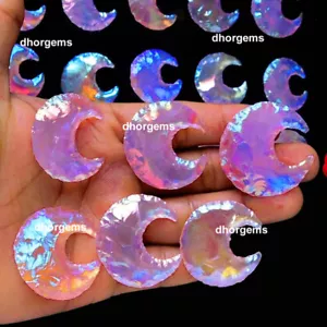 Piedra curativa de vidrio metafísico de cuarzo rosa con forma de luna creciente aura - Imagen 1 de 8