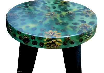 Resin Epoxy Stool with Green Pinecone Design – Custom-made Wooden Accent Chair  - Image 1 of 4