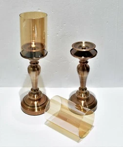 Pair of candle holders. Brass base, smoked glass top. 38 cm high. Brand new. - Picture 1 of 2