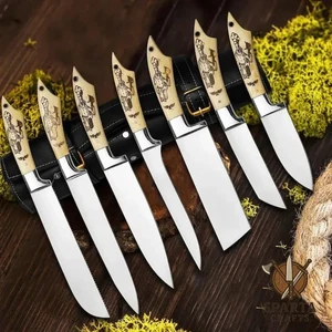 7-teiliges handgefertigtes J2 Stahl Kochmesser Set | Küchenmesser mit Lederscheide - Bild 1 von 1