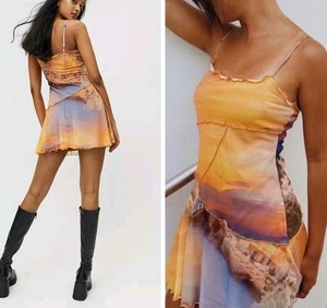 Urban Outfitters Mesh Mini Slip Dress Greece Sunset print Lettuce Hem Sz MEDIUM  - Picture 1 of 7