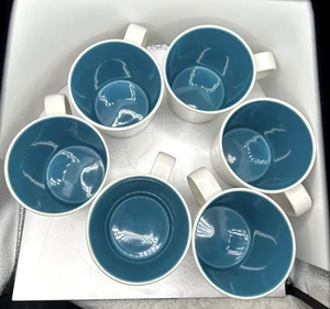 Vtg Set of 6 Crate & Barrel Coffee Mugs Cups White w/ Teal Blue Interior NICE! - Picture 1 of 4