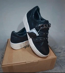 Black Leather Chunky Studded Chain Platform Trainers Size 5 Wide Fit - Picture 1 of 6