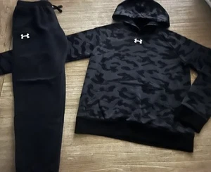 Under Armour Rival Fleece Print Hoodie Black/Castlerock & Joggers Boy Large EUC - Picture 1 of 8