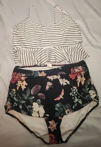 Cocoship Damen Retro Boho Streifen & Blumen High Waist Bikini Chic Badeanzug 14 - Bild 1 von 15