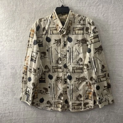 Natural Issue Mens Button Shirt Fishing All Over Beige XL Cotton Long Sleeve - Image 1 of 4