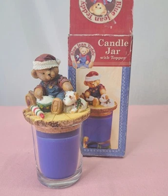 Vintage Blue Jean Teddy Holiday Christmas Candle Jar With Topper - Image 1 of 4