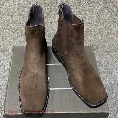 Botines estilo italiano británicos para hombre gamuza real cuero punta cuadrada cremallera Foto 1 de 4