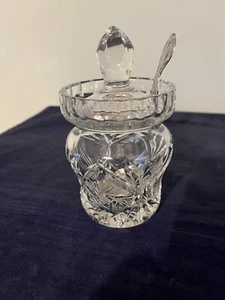 Vintage Cut Kristall Marmelade Gelee Honigglas mit Deckel & Löffel - Drehräder & Lüfterschnitte - Bild 1 von 7