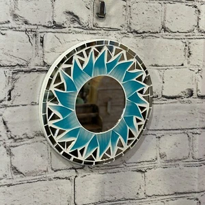Turquoise Blue Flame Sun Mosaic Tile Wall Mirror 20cm x 20cm 8 Inches Handmade - Picture 1 of 7