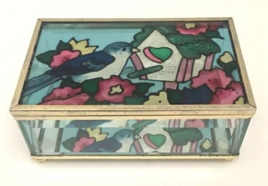 Stained Glass Birdhouse Scene Trinket/Jewelry Box - Beveled Glass - Brass Trim - Picture 1 of 6