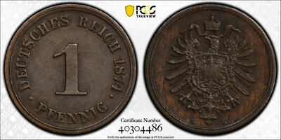 German 1874-G Pfennig PCGS AU55 Authentic Artifact - 146 Years Old Coin - Image 1 of 3