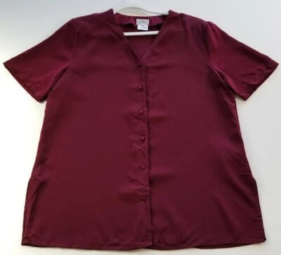 复古 Liz Baker 纽扣衬衫女式 L 码红色短袖 V 领聚酯纤维 — 第 1/4 张图片