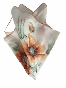 Vintage 1950'S Hanky Orange Poppies White Daisies Hand Rolled Hem 16” X 16” - Picture 1 of 6