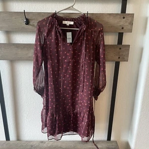 NWT Ann Taylor LOFT A-Line Prairie Cottagecore Dress High Neck Smocked Sheer XSP - Picture 1 of 17