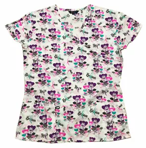 Womens Fashion Medical Nursing Scrub Tops Printed Ribbon Floral Hope Believe 1X - Picture 1 of 2