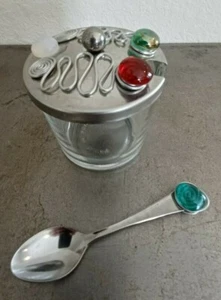Art Deco sugar/spice bowl with spoon glass and stainless steel - Imagen 1 de 12