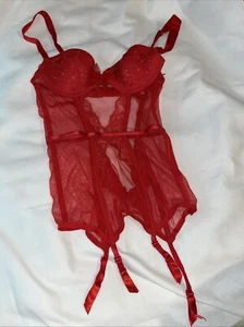 NEW Victoria's Secret Red Underwire Corset Lace Mesh Sheer Garters Push-up 34B - Picture 1 of 5