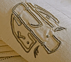 12 Vintage antike Leinen Cocktail Servietten mit Hohlsaum & Monogramm A012 - Bild 1 von 3