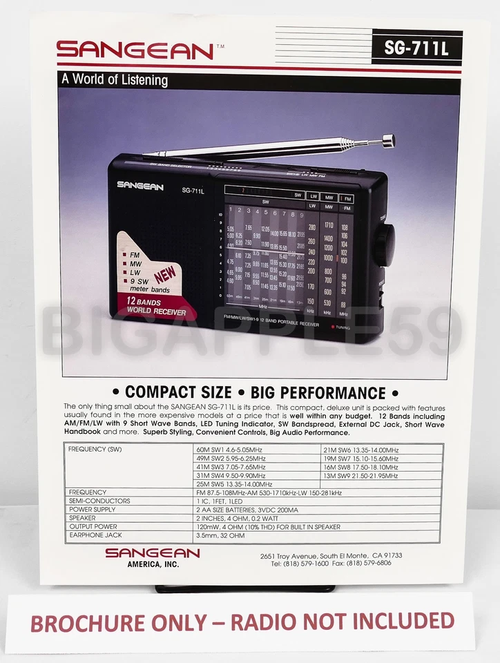 工厂销售传单适用于 Sangean SG-711L 调幅调频短波收音机 — 第 1/1 张图片