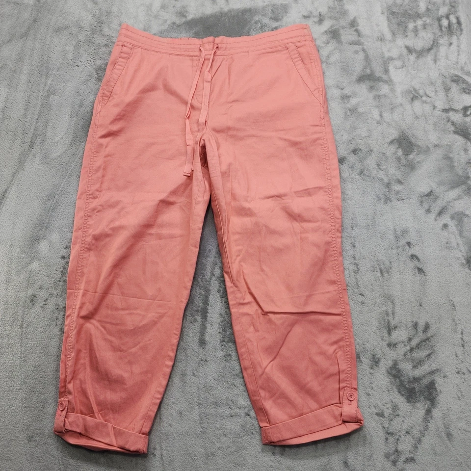 Talbots Pants Womens 14 Pink Coral Cotton Tencel Crop Cuffed Button Tab Pull On - Image 1 of 4