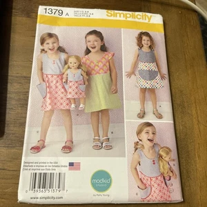 Simplicity Pattern 1379 Little Girls & 18" Doll MODKID Matching Dress w/Opts 3-8 - Picture 1 of 2