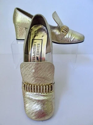 Zapatos de Noche Vintage Años 60 70 Mod Cuero Dorado 6.5M Puntera Cuadrada Estrás Hebilla Foto 1 de 4