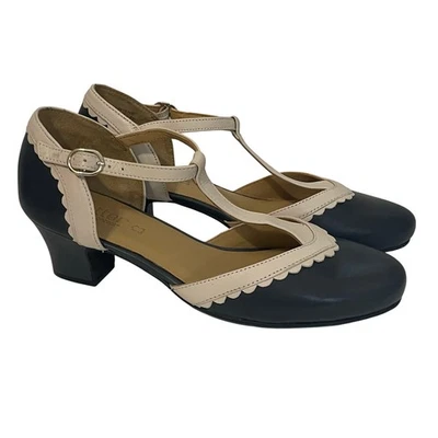 Hotter Viviene Tacones Retro T-Bar Hebilla Cómodos Para Mujer talla 7.5 Azul Marino Crema Foto 1 de 4
